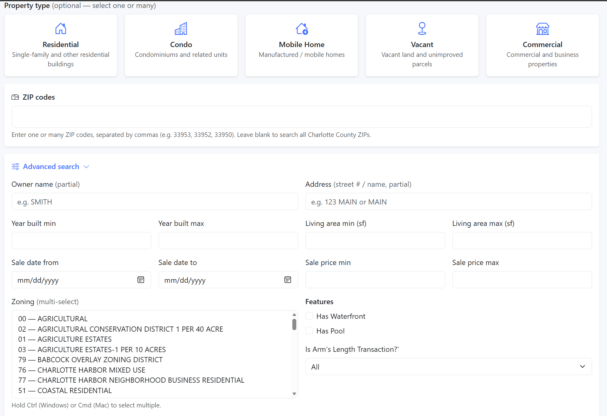 ParcelIQ property search form showing the available search filters.