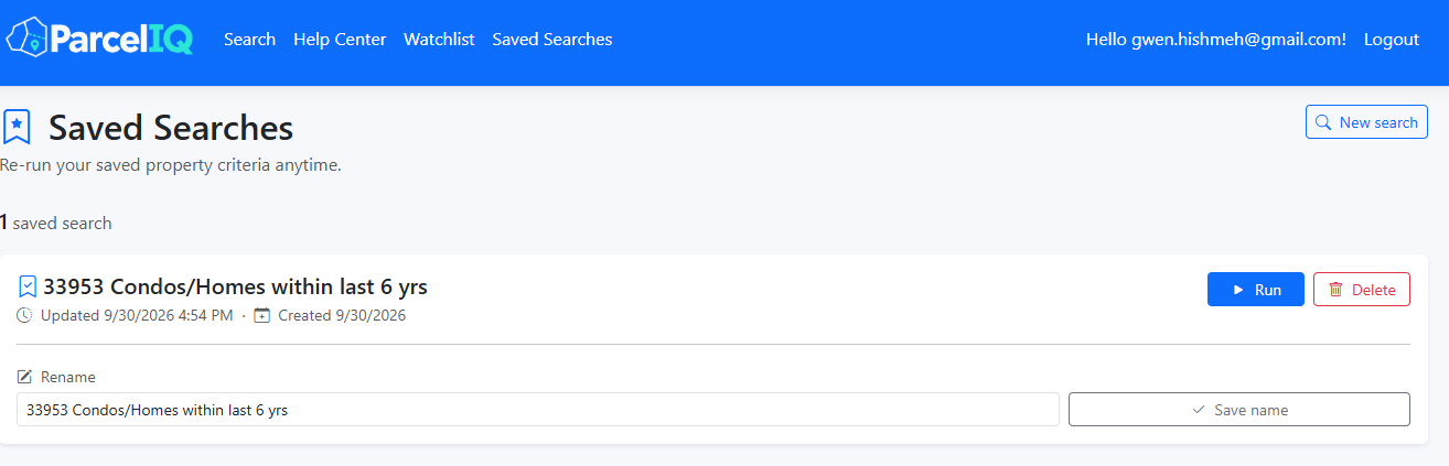 ParcelIQ property search form showing the available search filters.